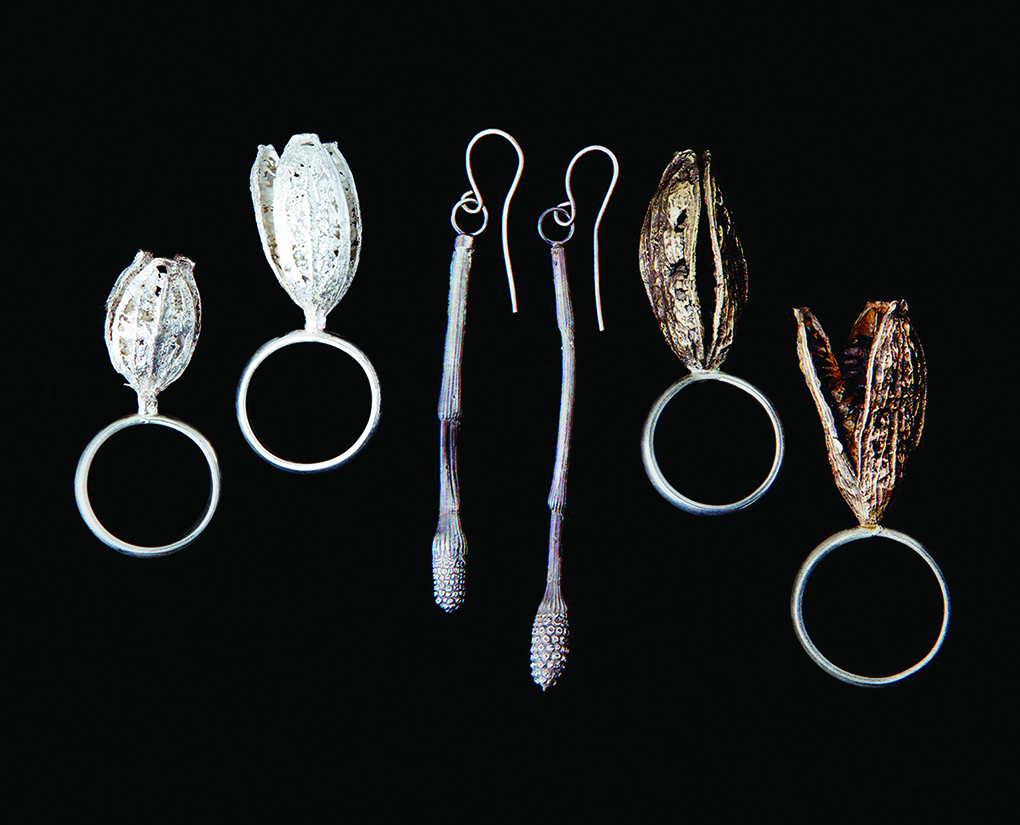 Iris seed pod rings and horsetail earrings, sterling silver and bronze